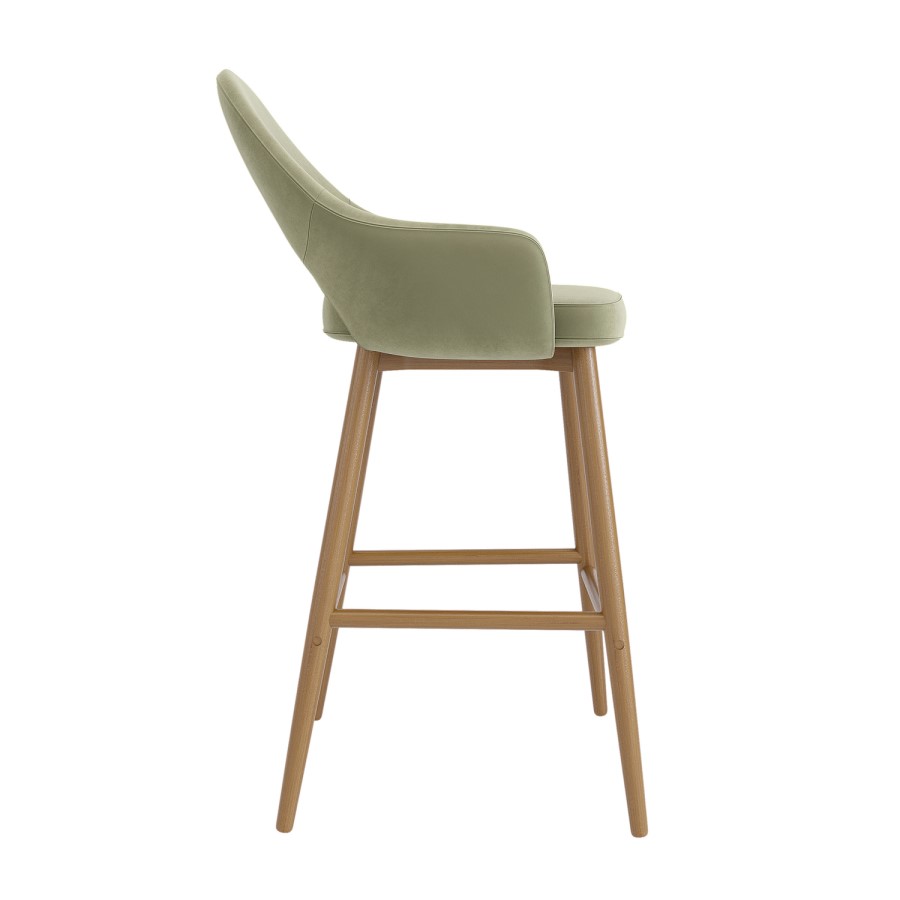 Set of 3 Oak and Sage Green Velvet Kitchen Stools with Back - Colbie