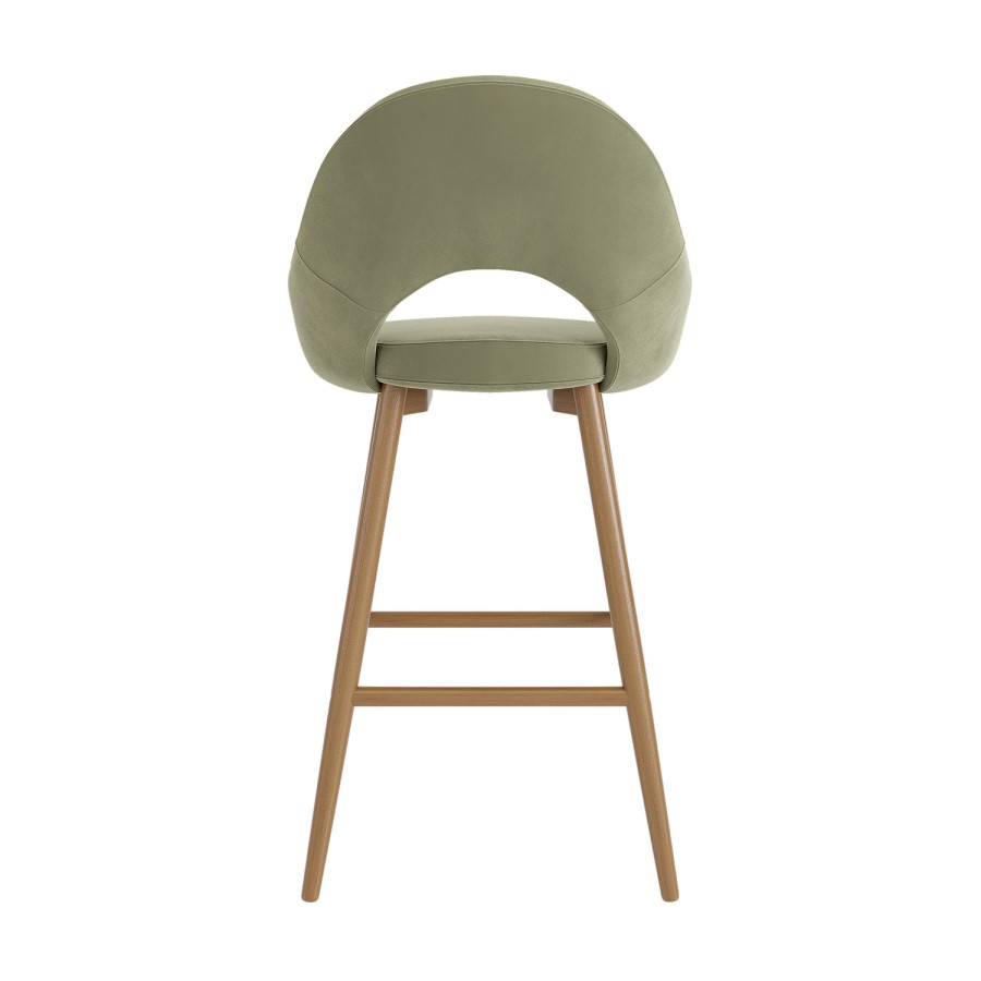 Set of 3 Oak and Sage Green Velvet Kitchen Stools with Back - Colbie
