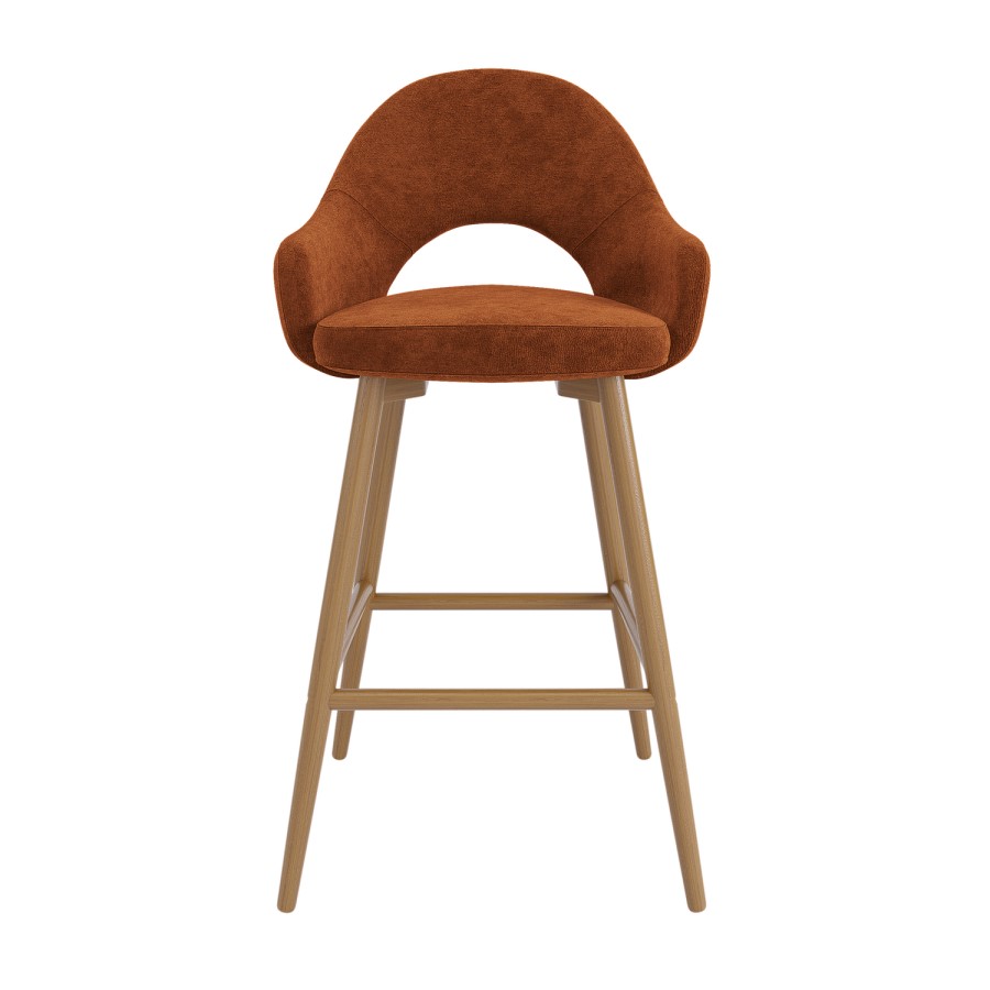 Set of 3 Oak and Burnt Orange Upholstered Kitchen Stools with Back - Colbie