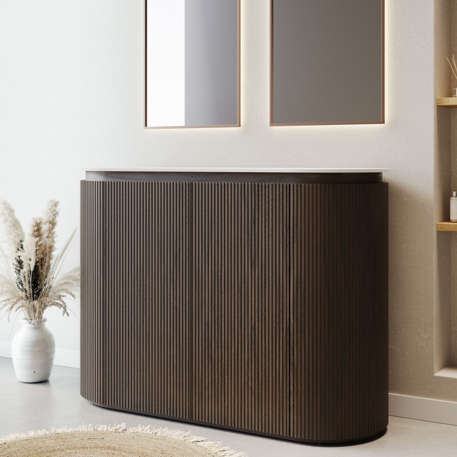 1200mm Walnut Wood Effect Curved Fluted Freestanding Double Countertop Vanity Unit - Matira