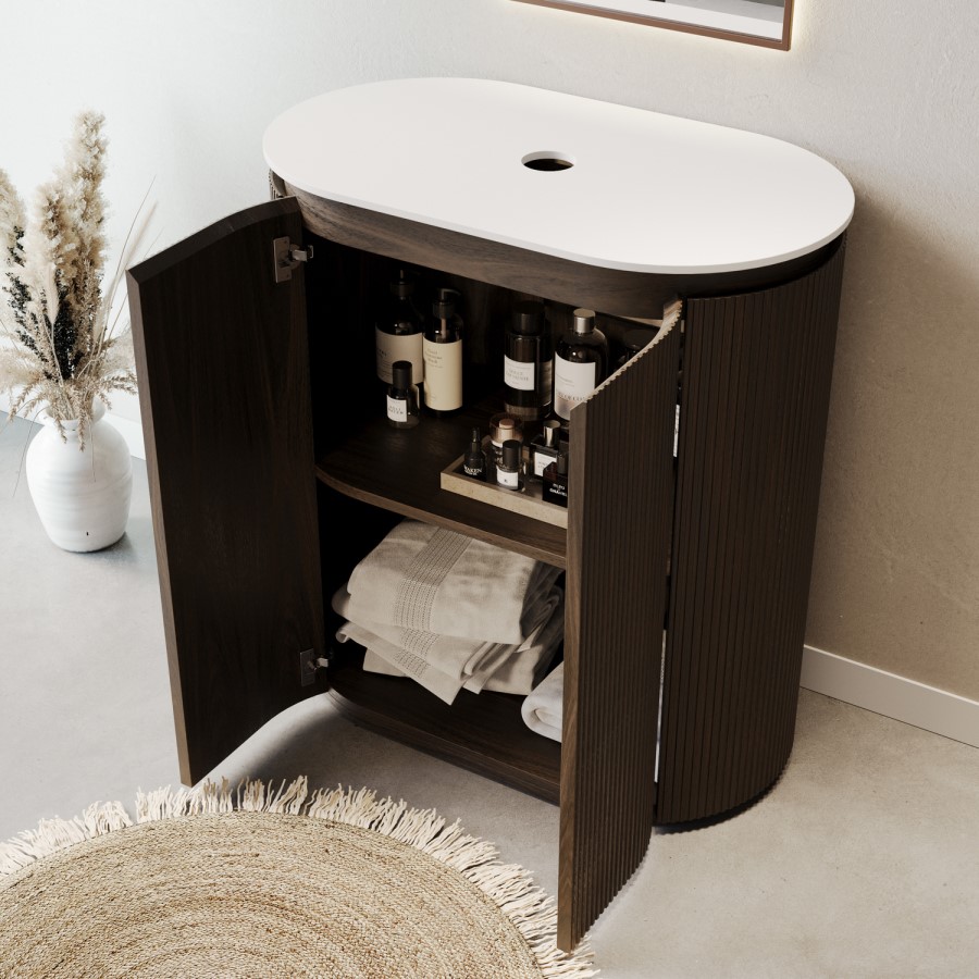 800mm Walnut Wood Effect Curved Fluted Freestanding Countertop Vanity Unit – Matira