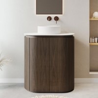 800mm Walnut Wood Effect Curved Fluted Freestanding Countertop Vanity Unit with Basin – Matira