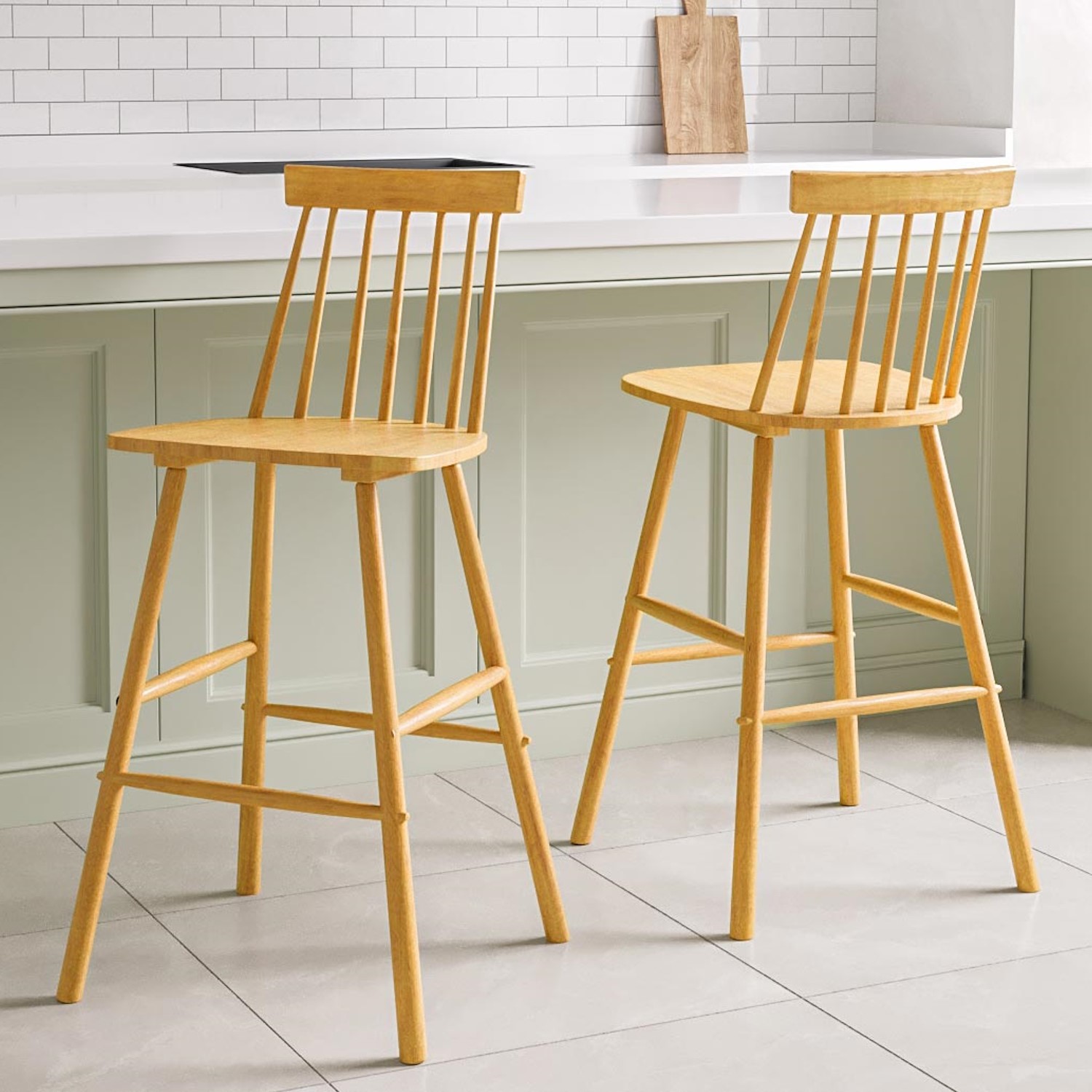 Set of 2 Light Oak Wooden Kitchen Stools with Spindle Back - 66cm ...