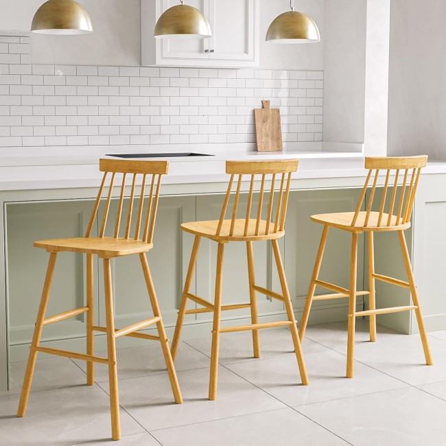 Set of 3 Light Oak Wooden Kitchen Stools with Spindle Back 66cm
