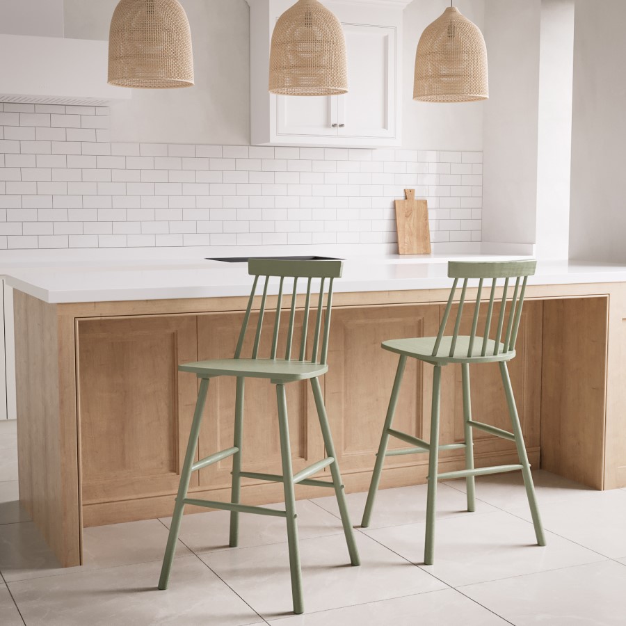 Olive Stool Set Of 2 Olive Green Wooden Kitchen Stools with Spindle Back - 66cm ...