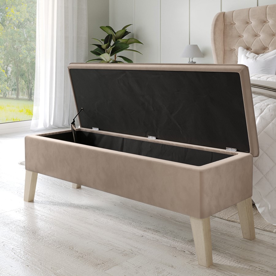 Cushioned End-of-Bed Ottoman Storage Bench in Beige Velvet - Cameron