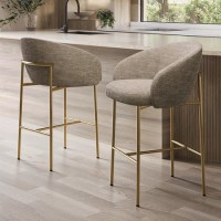 Set of 2 Mink Upholstered Kitchen Stools with Brass Legs and Back - Cora Set of 2 Mink Upholstered Kitchen Stools with Brass Legs and Back - Cora