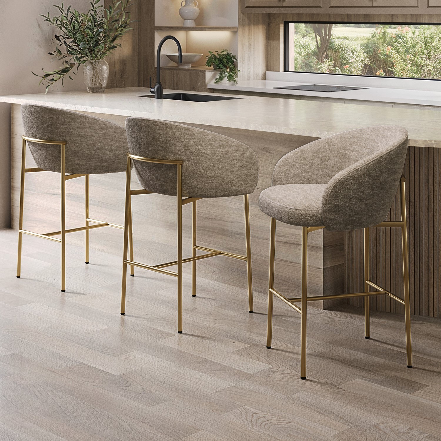 Cora Beige Set Of 3 Mink Upholstered Kitchen Stools With Brass Legs And Back