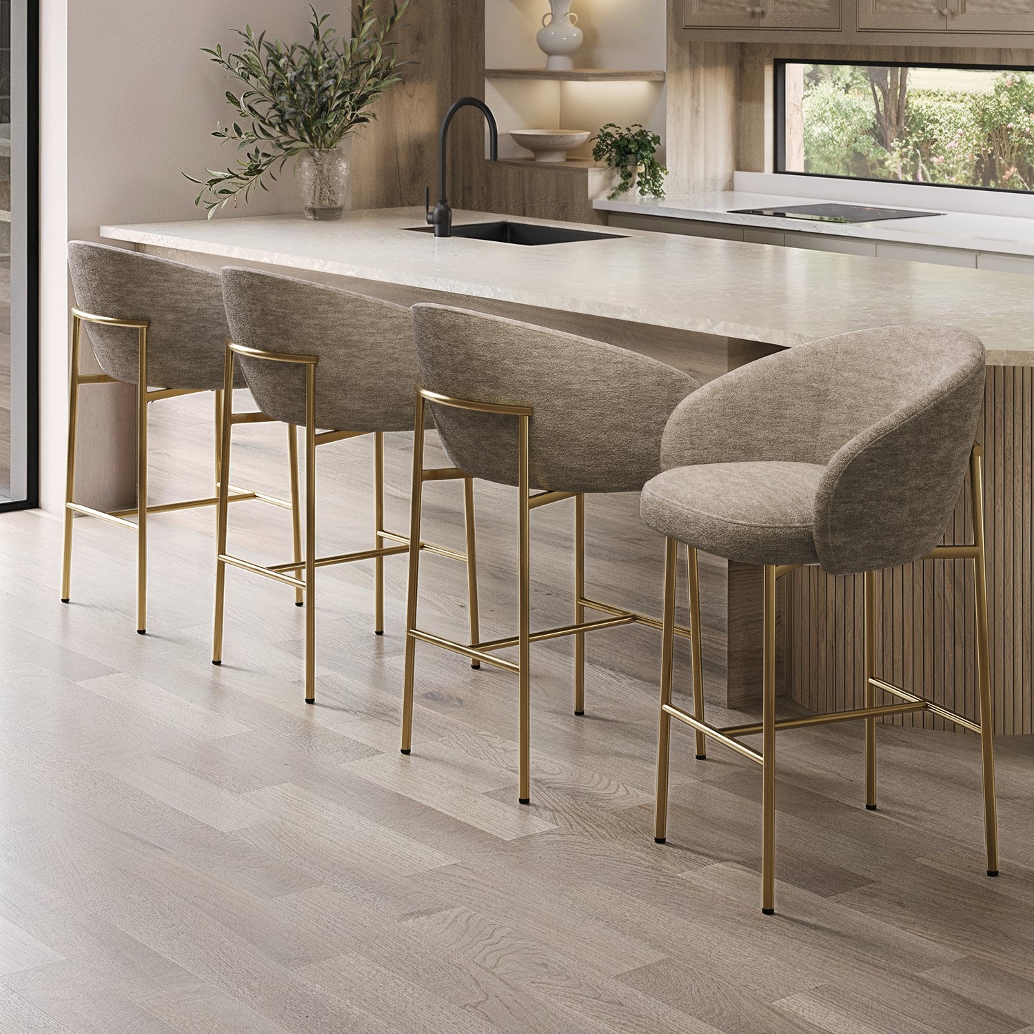 Cora Beige Set Of 4 Mink Upholstered Kitchen Stools With Brass Legs And Back