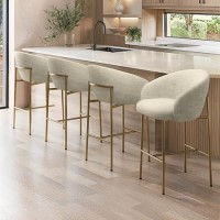 Set of 4 Cream Upholstered Kitchen Stools with Brass Legs and Back - Cora