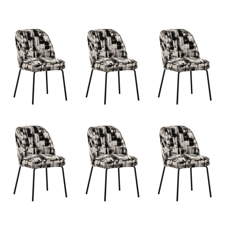 Set of 6 Cream and Black Jacquard Upholstered Dining Chairs - Colette