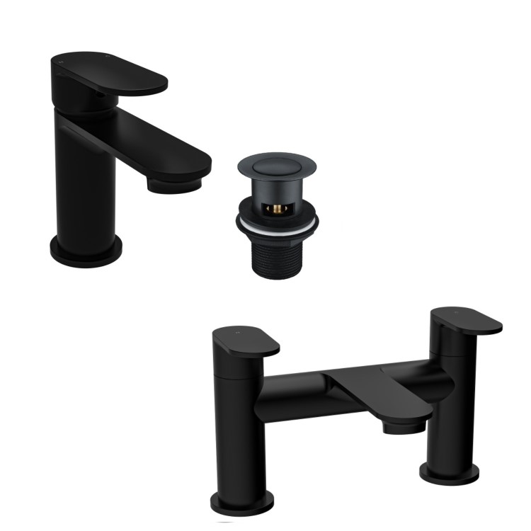 Grade A1 - Black Bath and Basin Tap Set with Basin Waste - Como