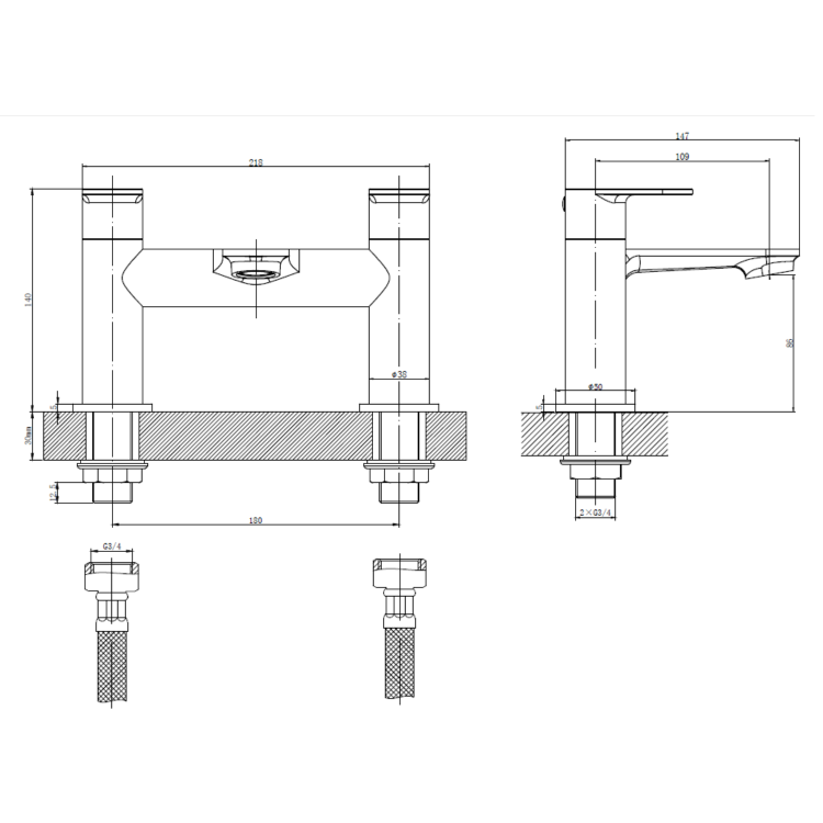 Grade A1 - Black Bath and Basin Tap Set with Basin Waste - Como