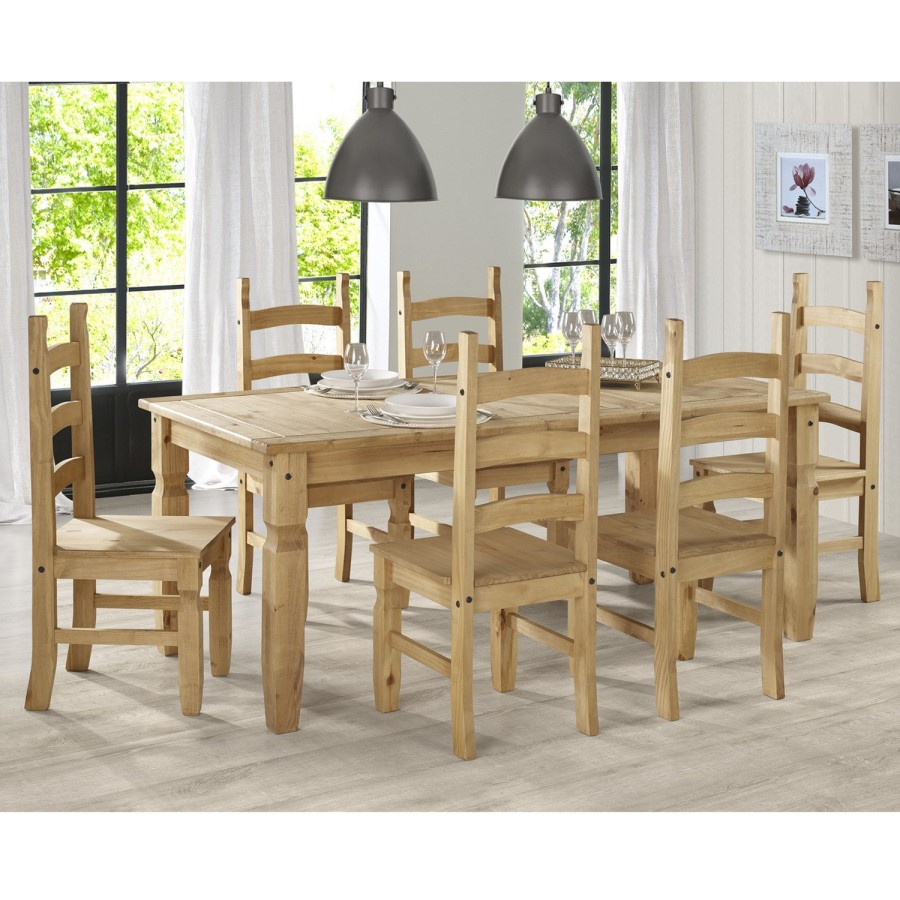 Corona Mexican Solid Pine Dining Set with 6 Dining Chairs