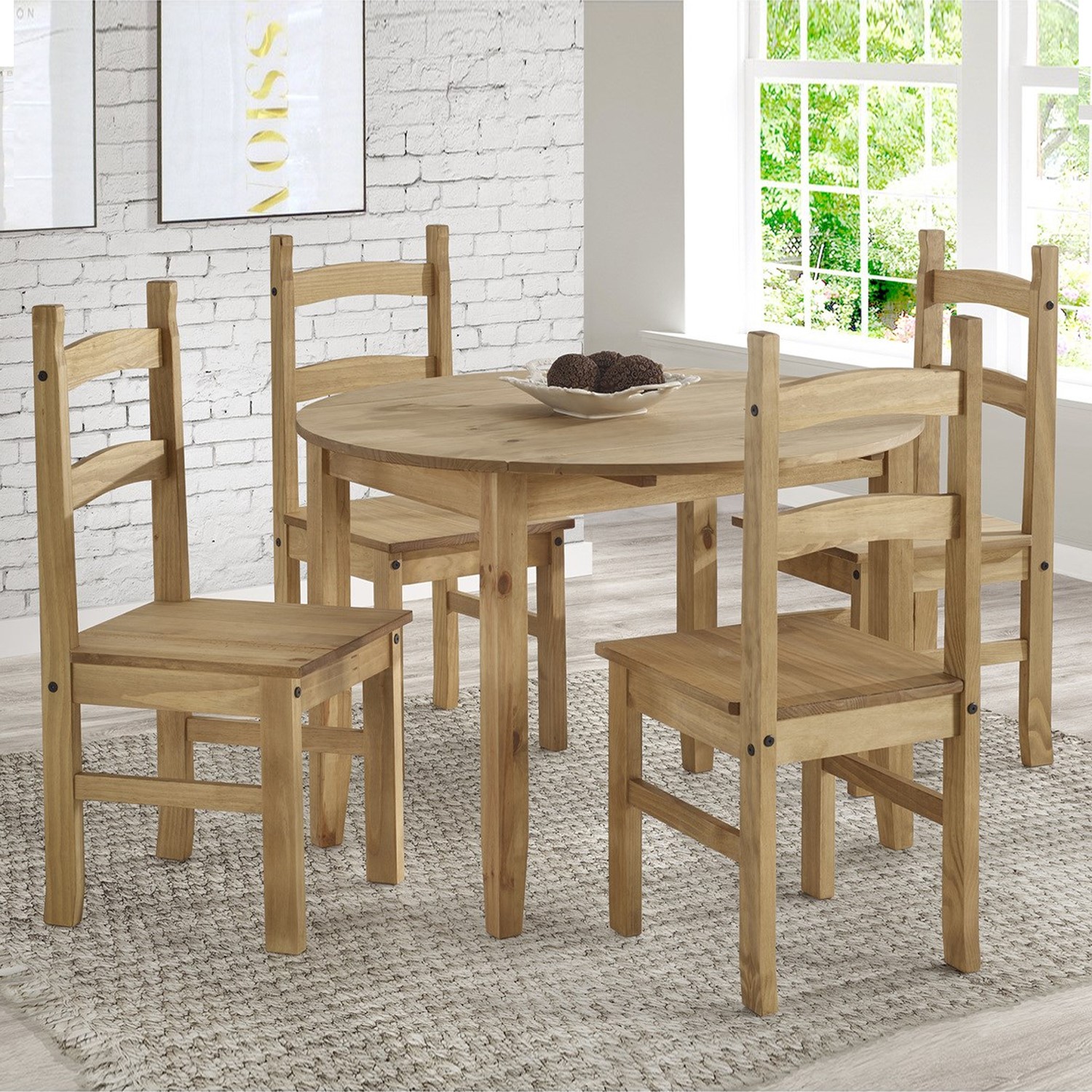 Corona Mexican Solid Pine Round Drop Leaf Dining Table Set With 4 Chairs