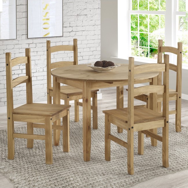 Corona Mexican Solid Pine Round Drop Leaf Dining Table Set with 4 Chairs