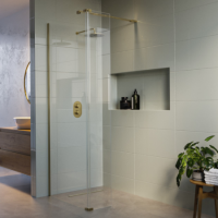 Walk In Shower 1000mm Brushed Brass Frameless with 300mm Hinged Flipper Panel and Wall Support Bar - Corvus