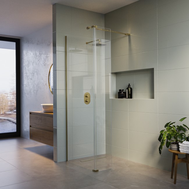 Wet Room Shower Screen 1000mm Brushed Brass Frameless with 300mm Hinged Flipper Panel and Wall Support Bar - Corvus