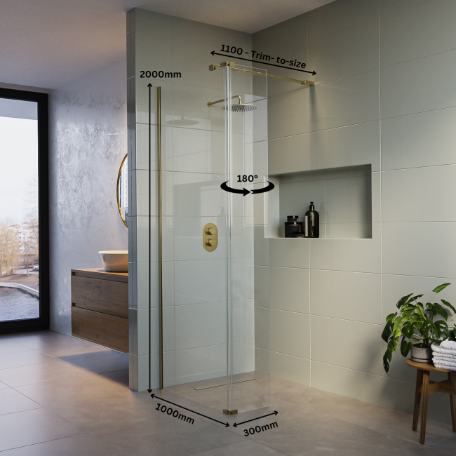 Wet Room Shower Screen 1000mm Brushed Brass Frameless with 300mm Hinged Flipper Panel and Wall Support Bar - Corvus