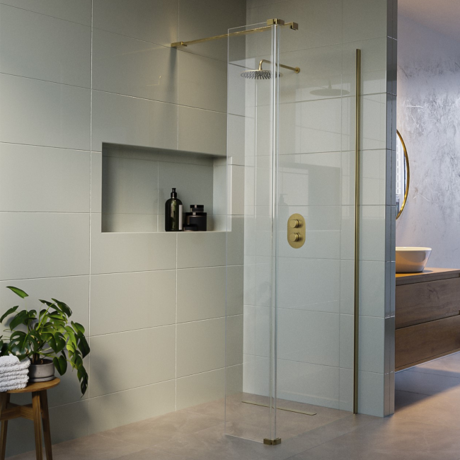 Wet Room Shower Screen 1000mm Brushed Brass Frameless with 300mm Hinged Flipper Panel and Wall Support Bar - Corvus