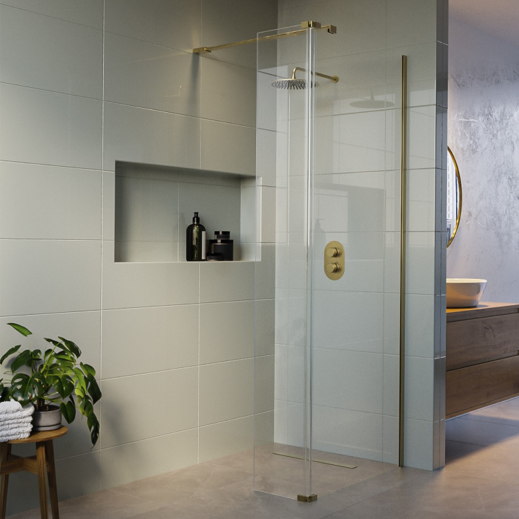 1000mm Wet Room Shower Screen Brushed Brass Frameless with 300mm Hinged Flipper Panel and Wall Support Bar - Corvus