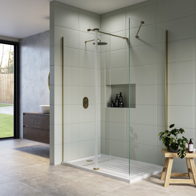 Brushed Brass 1600 x 800mm Wet Room Shower Screen Enclosure with Hinged Return Panel and Shower Tray - Corvus