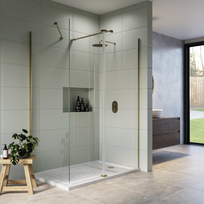 Brushed Brass 1600 x 800mm Wet Room Shower Screen Enclosure with Hinged Return Panel and Shower Tray - Corvus