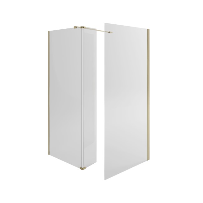 1400x800mm Brushed Brass Frameless Wet Room Shower Screen Enclosure wit 300mm Hinged Flipper Panel and Shower Tray - Corvus