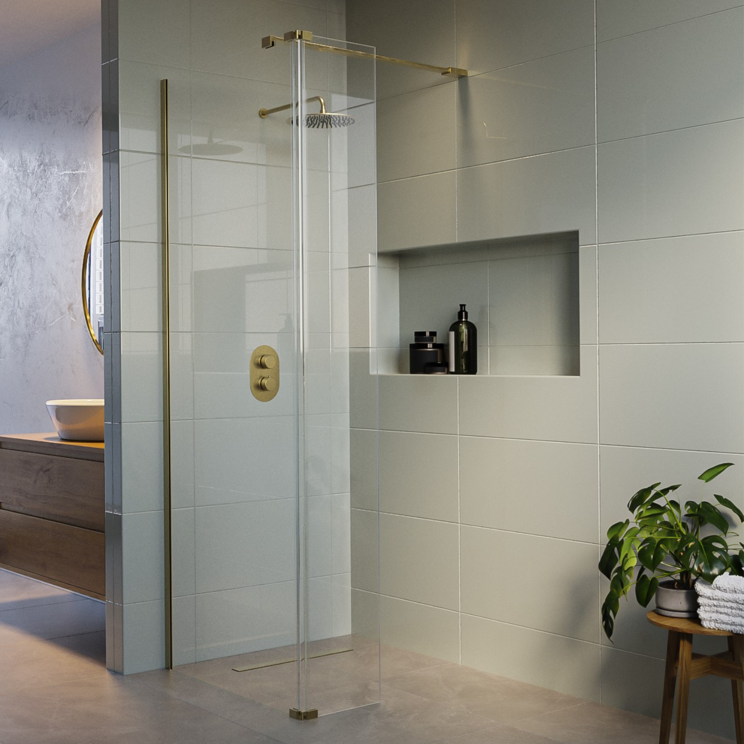 Grade A1 - 900mm Brushed Brass Frameless Wet Room Shower Screen with ...
