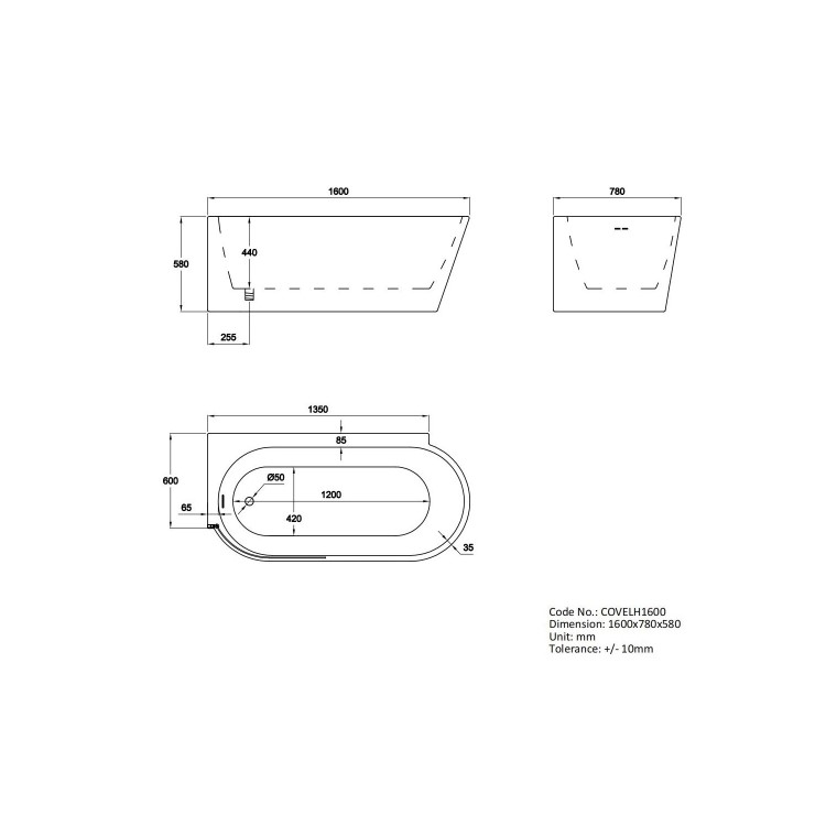 Freestanding Shower Bath Single Ended Left Hand Corner with Black Bath Screen 1600 x 780mm - Cove