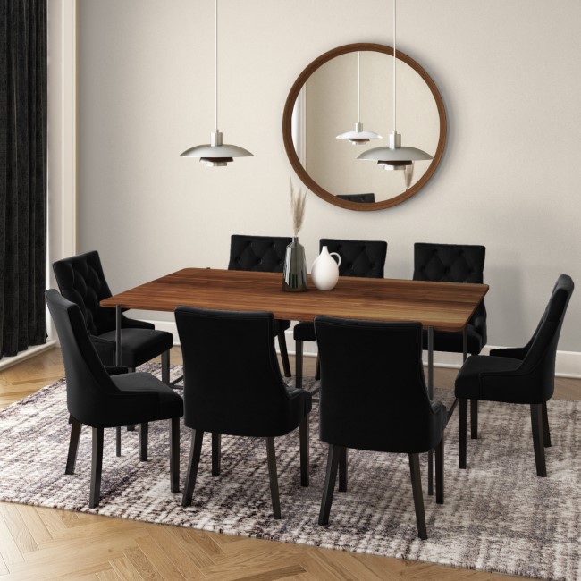 Walnut Dining Table with 8 Black Velvet Dining Chairs Cooper