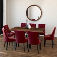 Walnut Dining Table with 8 Wine Velvet Dining Chairs - Cooper