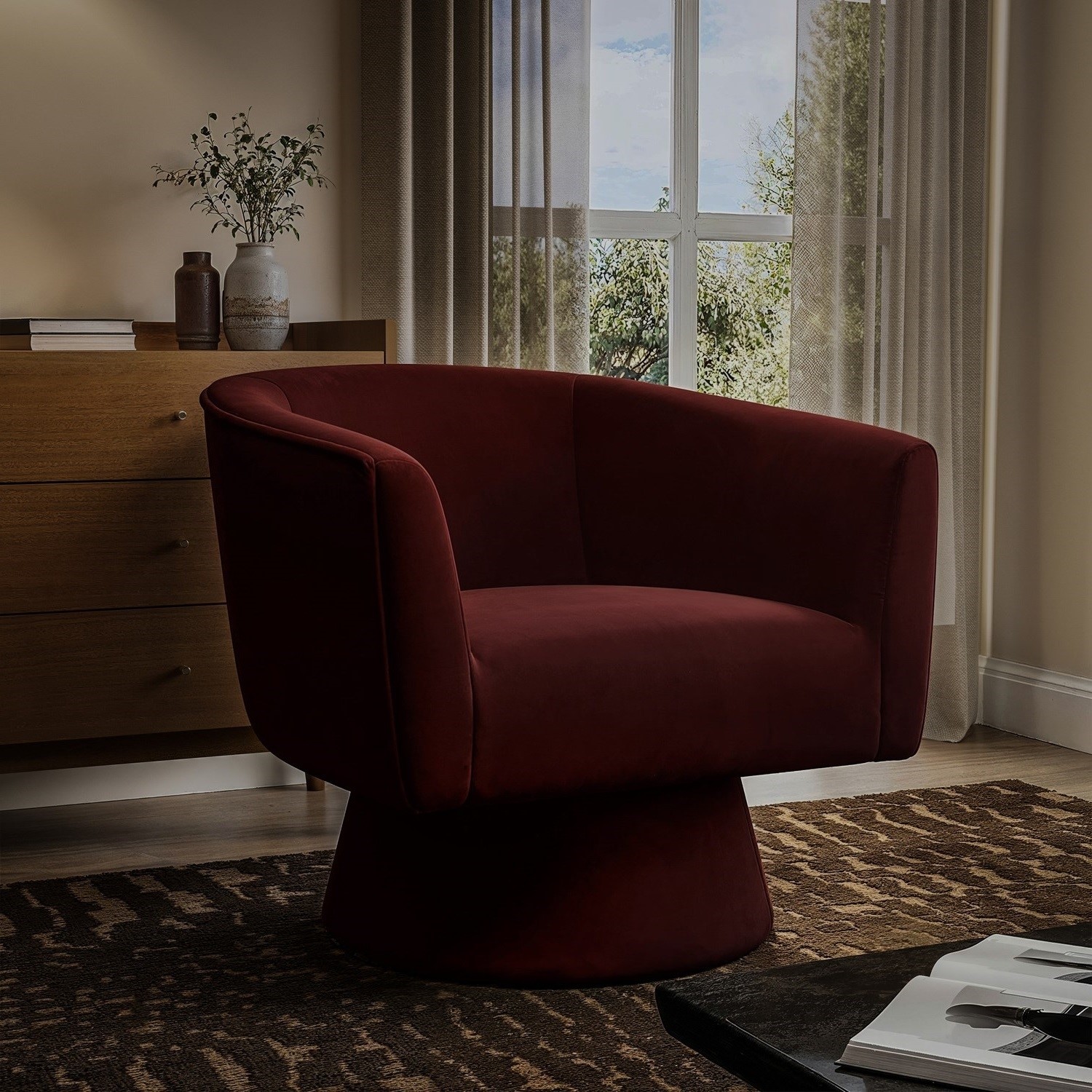 Cairo Red Deep Velvet Swivel Accent Chair