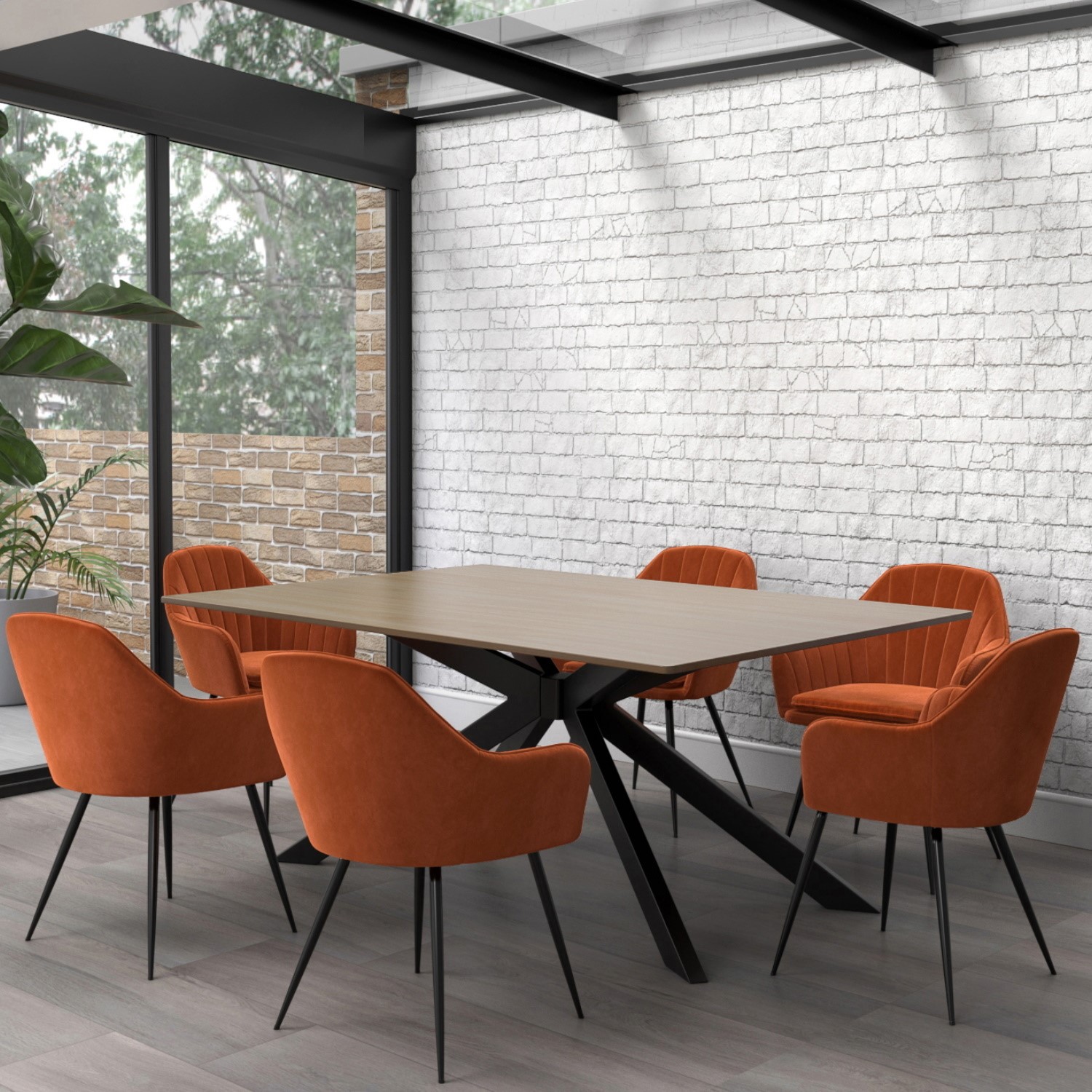 Photo of Industrial oak dining table with 6 orange velvet dining chairs - carson
