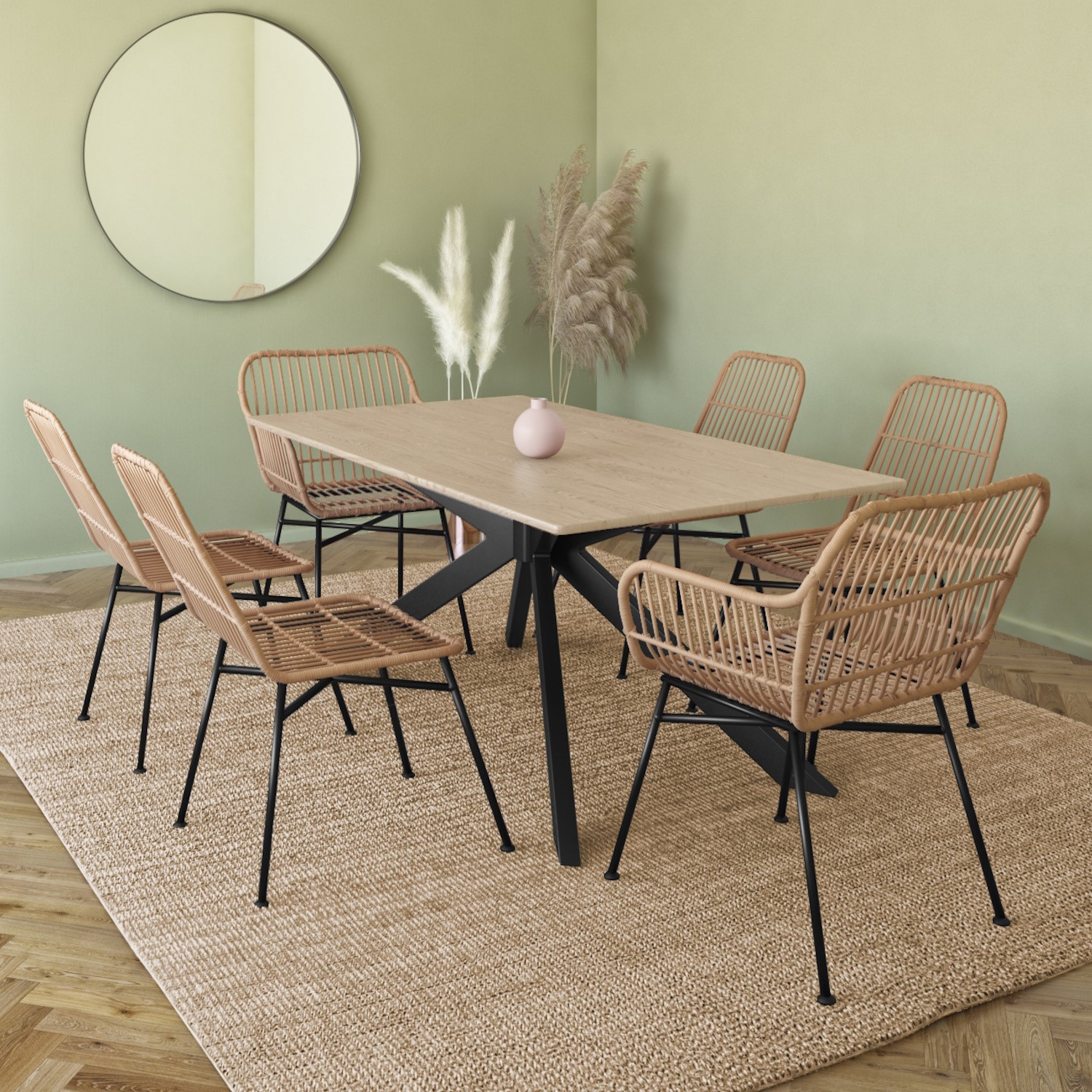 Photo of Light oak dining table with 6 brown rattan dining chairs - carson