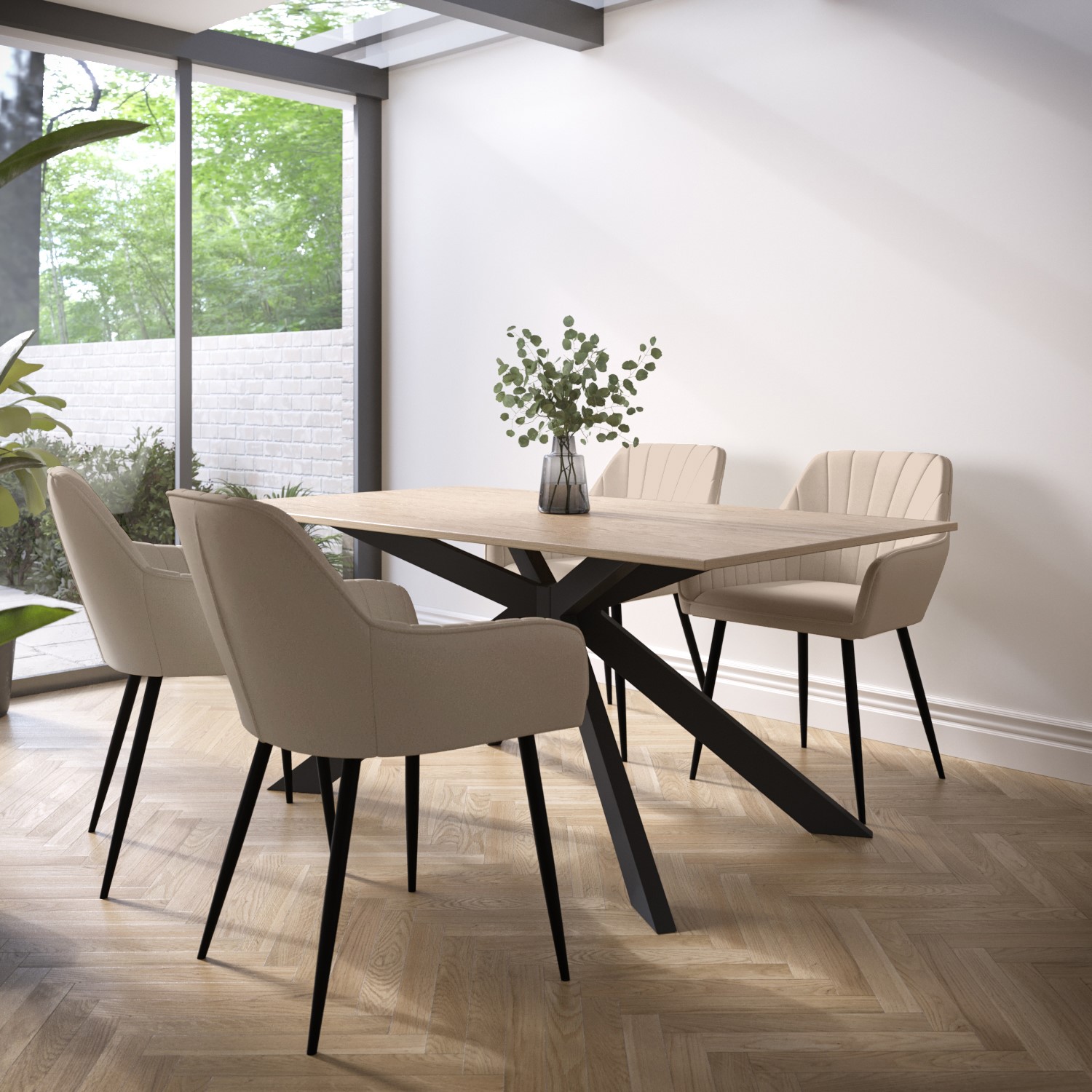 Oak Dining Table Set with 4 Beige Fabric Chairs - Seats 4 - Carson ...