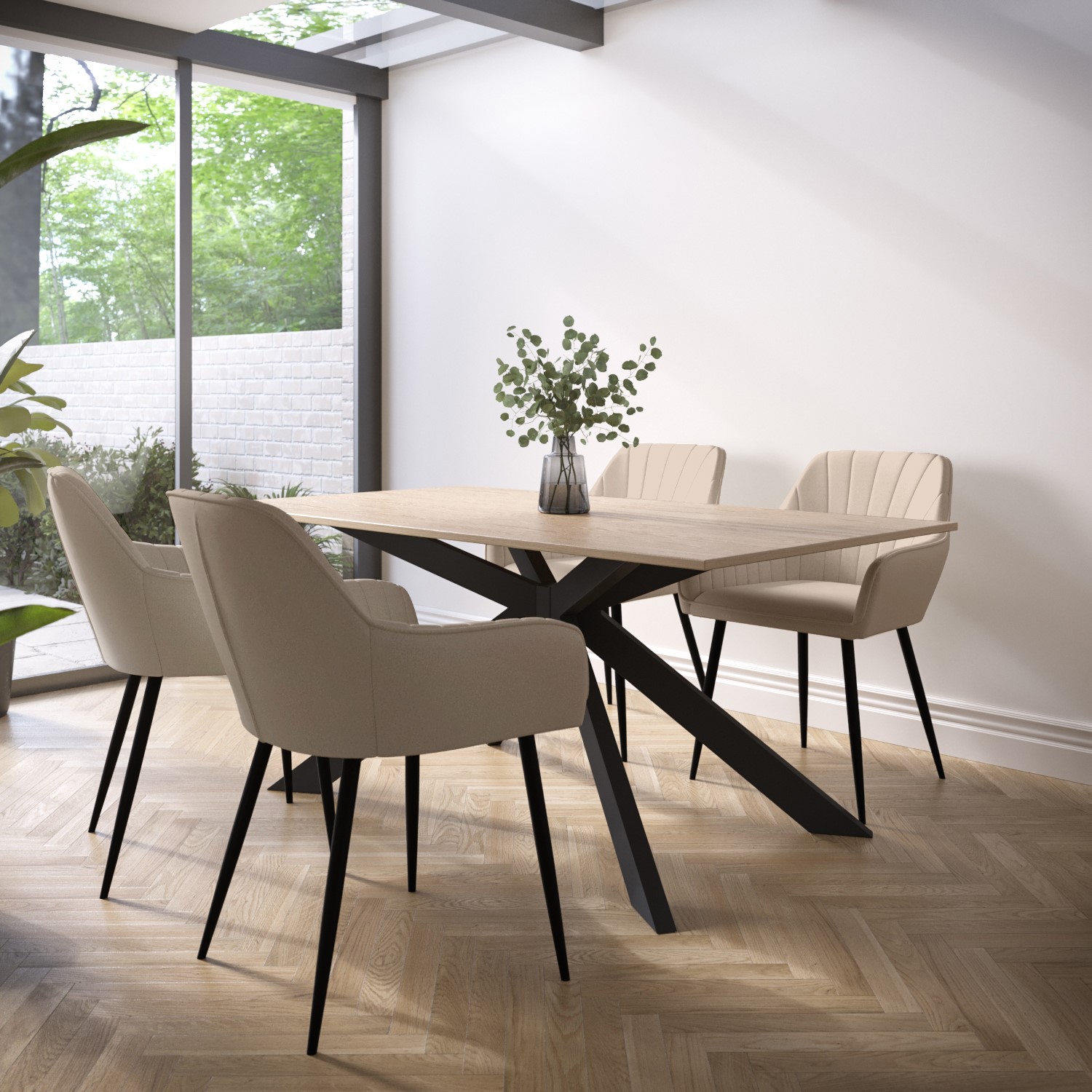 Photo of Light oak dining table with 4 beige fabric dining chairs - carson