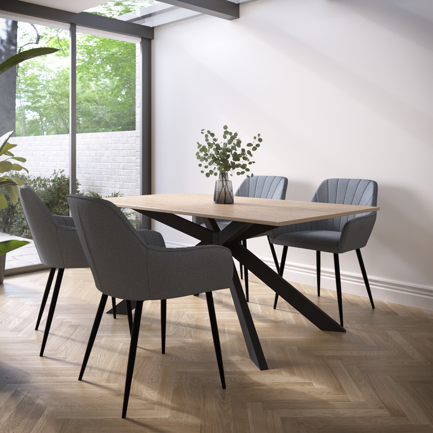 Photo of Light oak dining table with 4 grey fabric dining chairs - carson