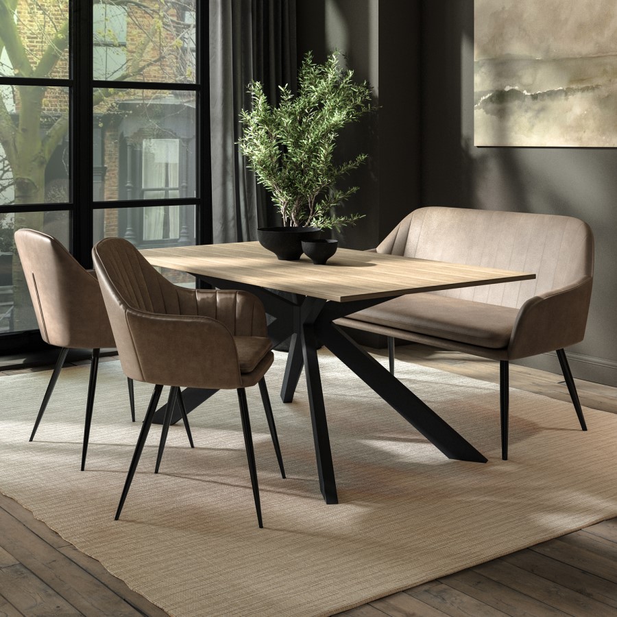 Oak Dining Table Set with 2 Beige Faux Leather Chairs and 1 Bench with Back - Seats 4 - Carson