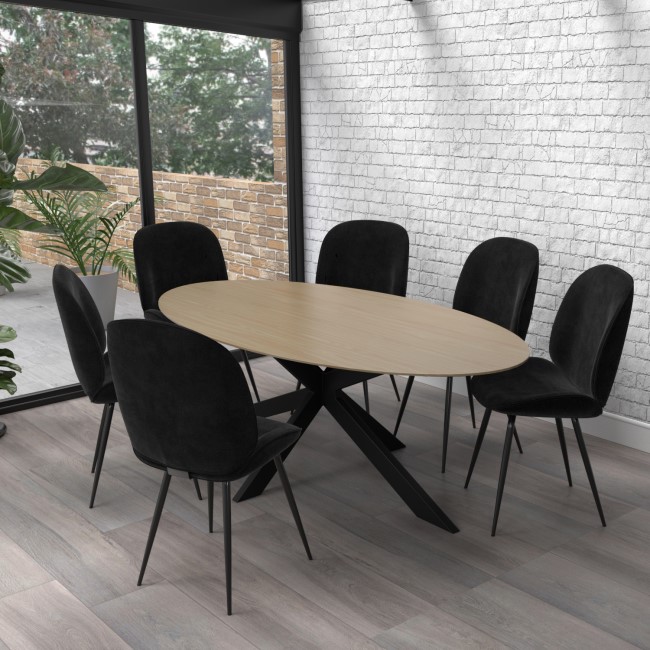 Industrial Oak Dining Table with 6 Black Velvet Dining Chairs - Carson