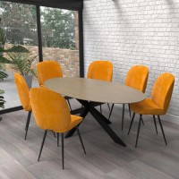 Carson Oval Light Oak Dining Table with 6 Mustard Yellow Velvet Dining Chairs 