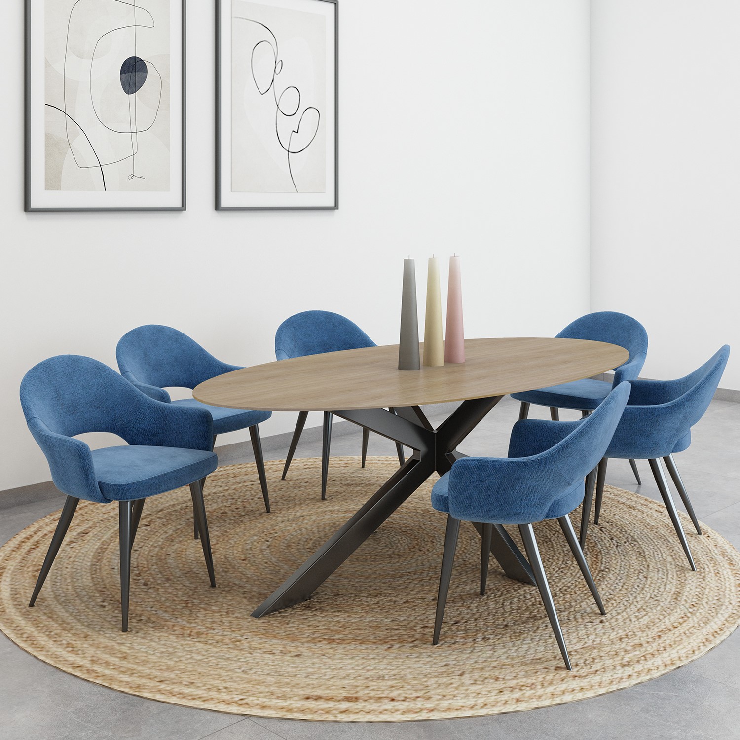 Carson Oak Oval Dining Table With 6 Blue Chenille Dining Chairs Furniture123