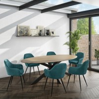 Carson Light Oak Oval Dining Table with 6 Teal Velvet Tub Dining Chairs