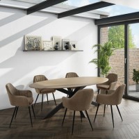 Carson Light Oak Oval Dining Table with 6 Beige Faux Leather Dining Chairs