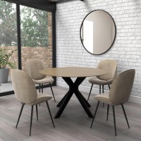 Round Oak Drop Leaf Dining Table Set with 4 Mink Velvet Chairs - Seats 4 - Carson Round Oak Drop Leaf Dining Table Set with 4 Mink Velvet Chairs - Seats 4 - Carson