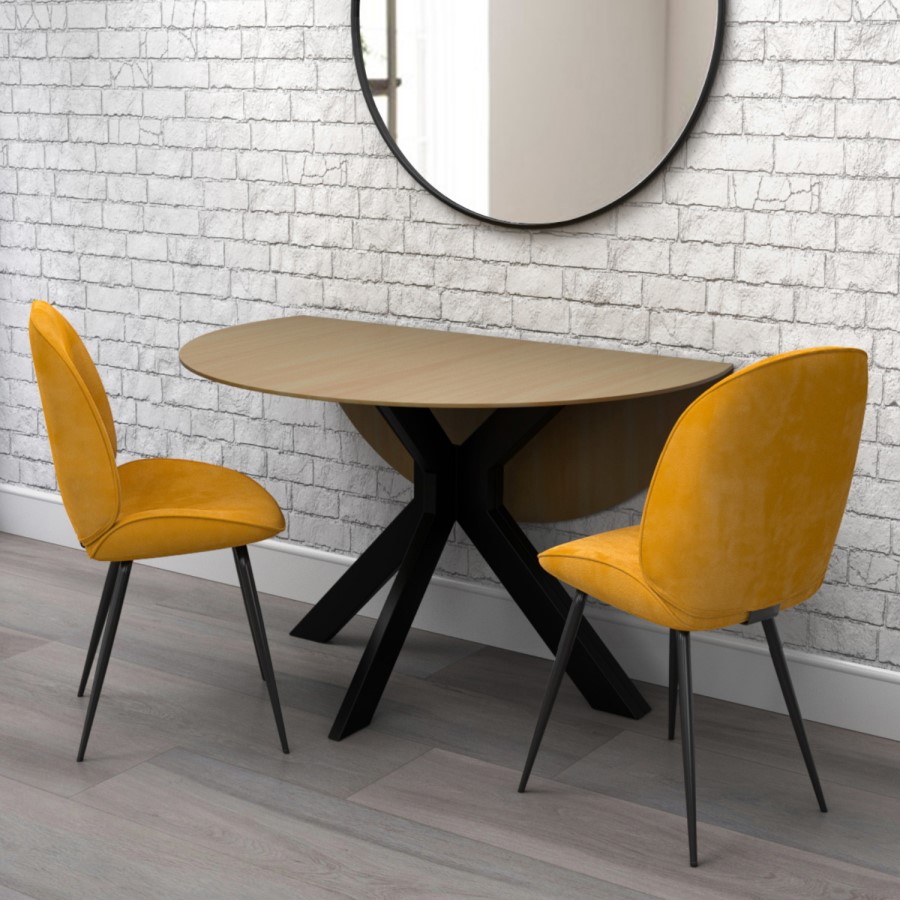 Industrial Oak Drop Leaf Dining Table with 2 Yellow Velvet Dining Chairs