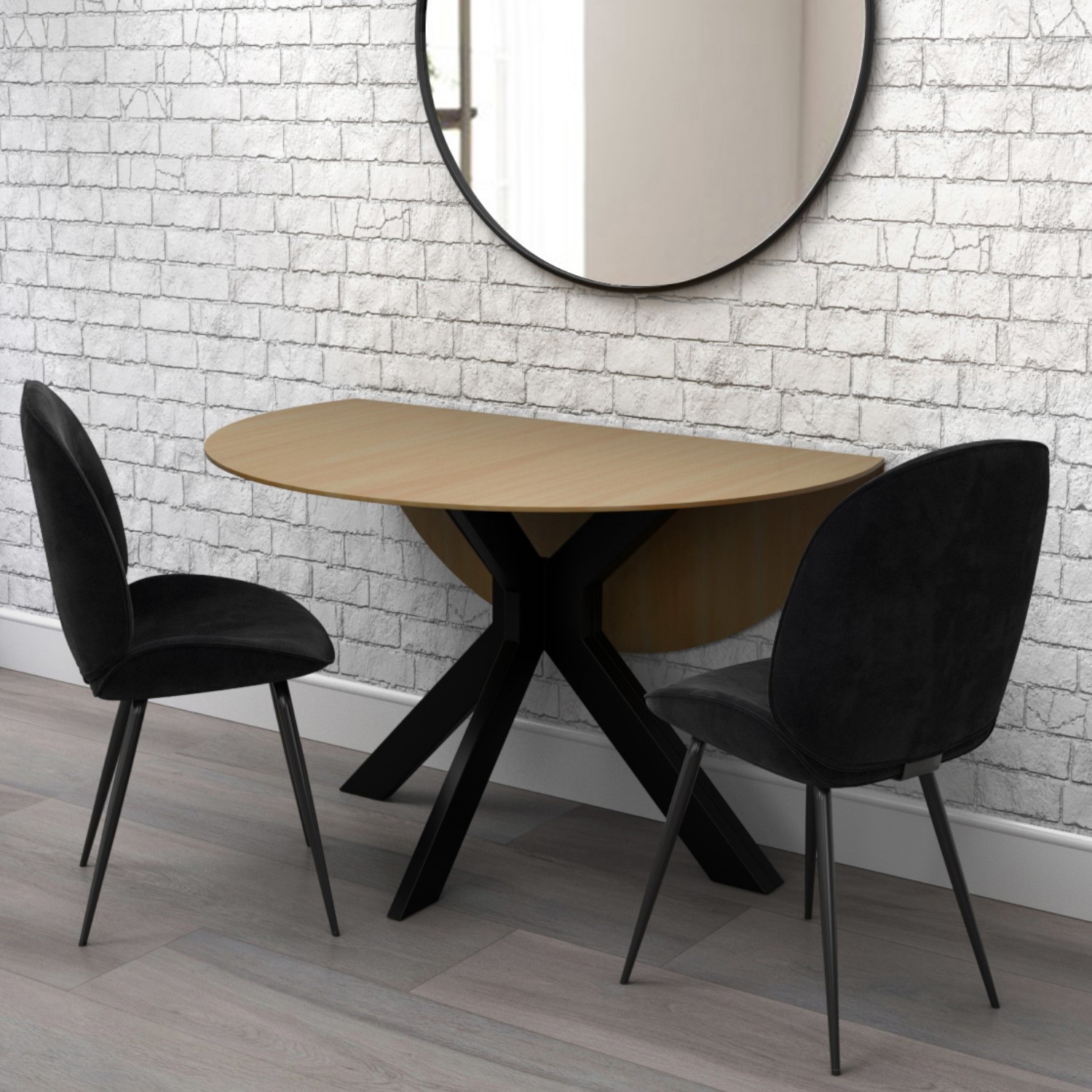 Photo of Light oak drop leaf dining table with 2 black velvet dining chairs - carson