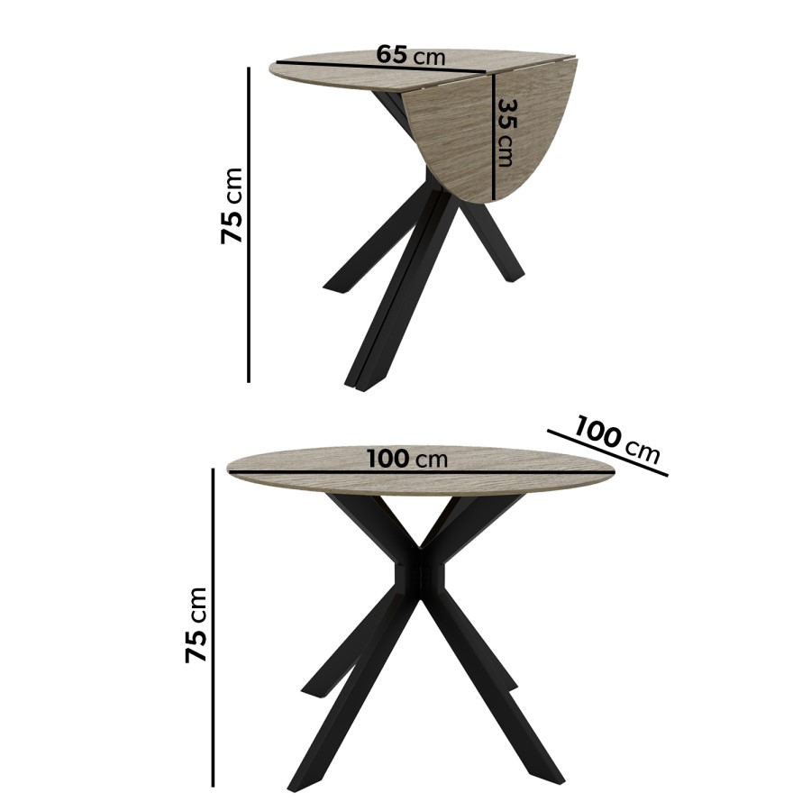 Round Grey Drop Leaf Dining Table with 4 Black Velvet Dining Chairs - Carson