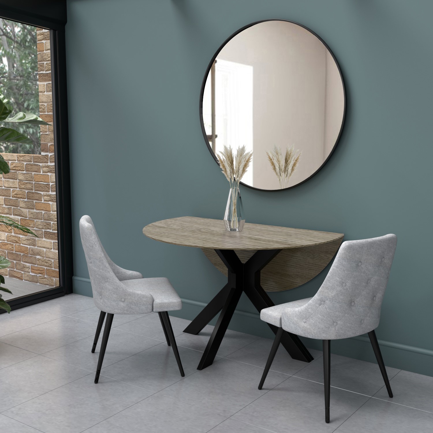Round Grey Drop Leaf Dining Table with 2 Grey Fabric Dining Chairs Carson Furniture123