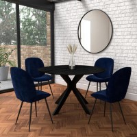 Black Round Drop Leaf Dining Table with 4 Navy Blue Velvet Dining Chairs - Carson